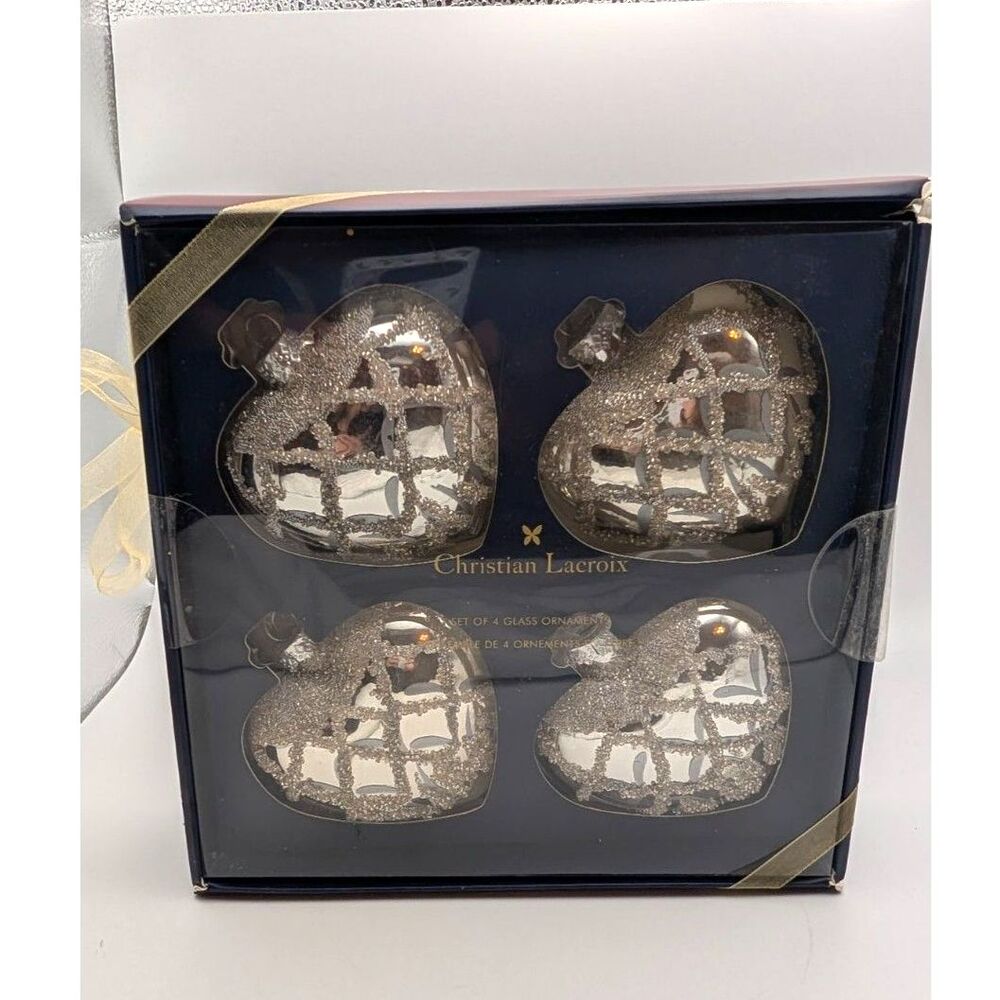 Christian Lacroix Silver Beaded Heart Glass Christmas Ornaments Set 4 Holiday